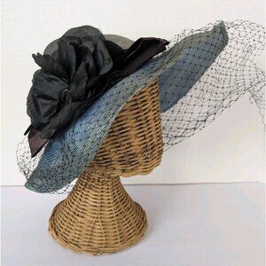 Vintage 1950s 60s Blue Wide Brim Cocktail Hat Floral Veil Picture Hat MCM Derby